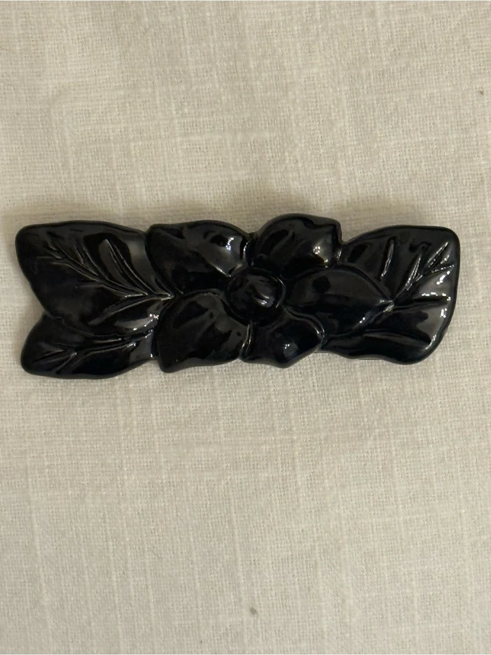 VTG Black Carved Floral Bar Pin 3” Retro Brooch